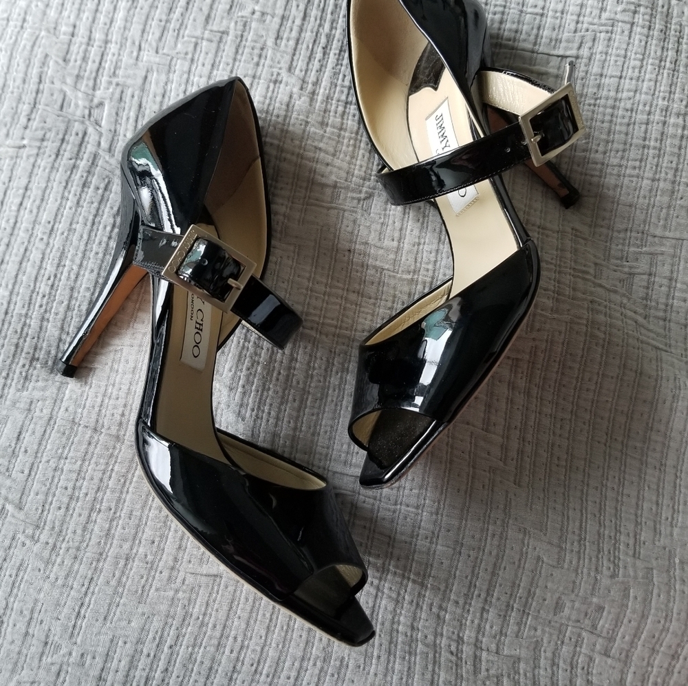 Jimmy Choo black patent buckle strap heels 38